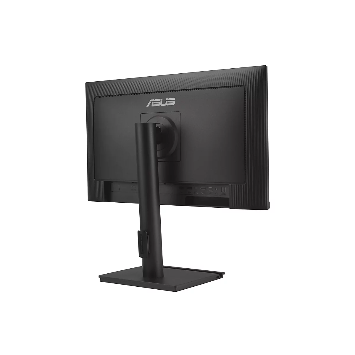Rückseite eines schwarzen ASUS-Monitors, der auf einem weißen Hintergrund steht. Das ASUS-Logo ist deutlich sichtbar. Der Monitor ist an einem schwarzen Ständer befestigt.