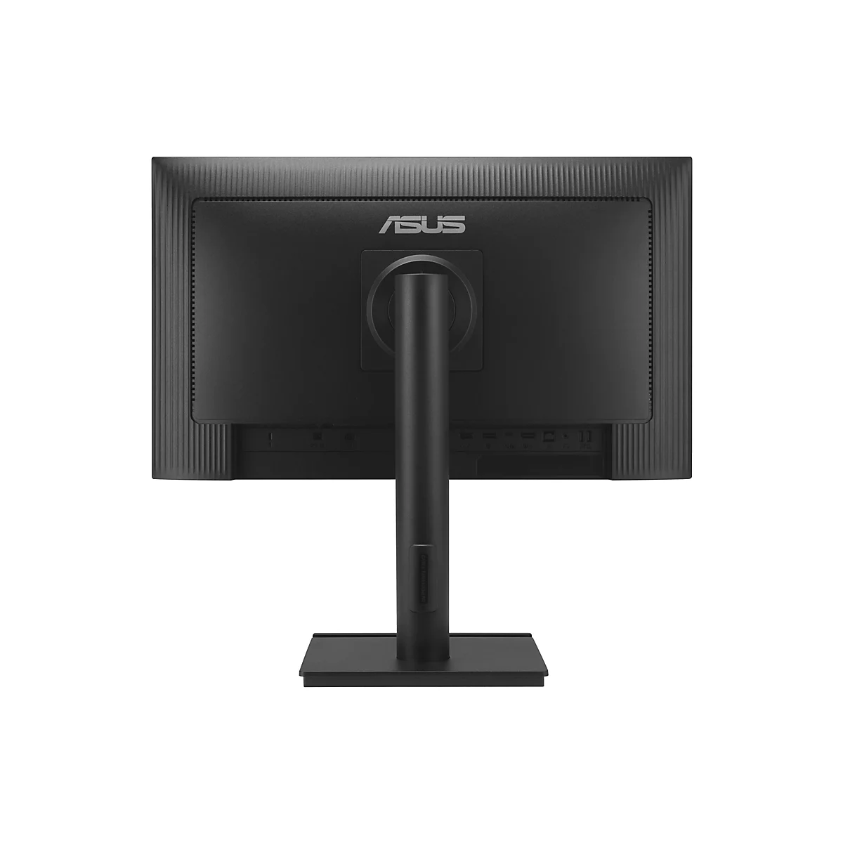 Rückseite eines schwarzen ASUS-Monitors. Das ASUS-Logo befindet sich mittig oben. Anschlüsse und Halterung sind zu sehen.