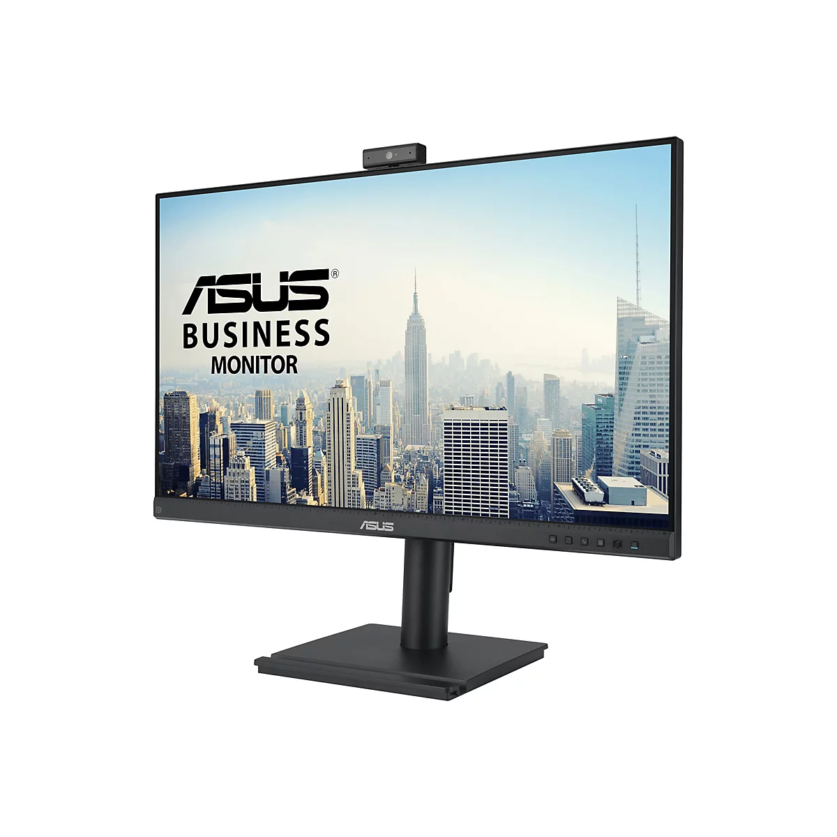Schwarzer ASUS Business Monitor mit Webcam, Stadtlandschaft im Hintergrund.