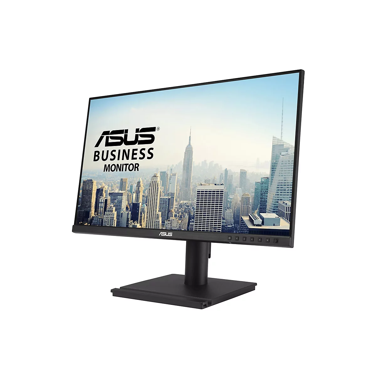 Schwarzer ASUS Business Monitor, Bildschirm zeigt Skyline, Logo und Schriftzug.