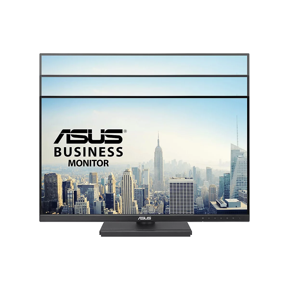 Ein schwarzer ASUS Business Monitor, auf dem ein Stadtbild zu sehen ist.