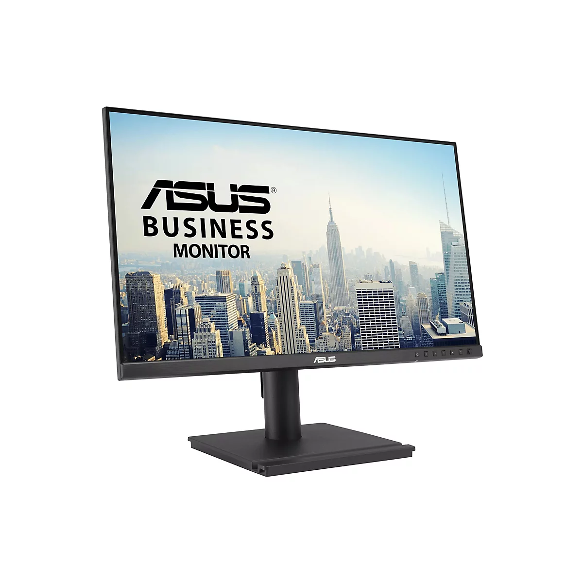 Schwarzer ASUS Business Monitor, Bildschirm mit Skyline. Aufschrift: ASUS Business Monitor.