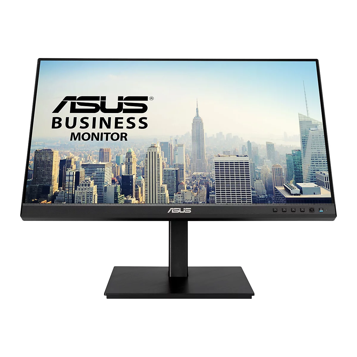 Schwarzer ASUS Business Monitor, Bildschirm mit Stadtlandschaft, Standfuß.
