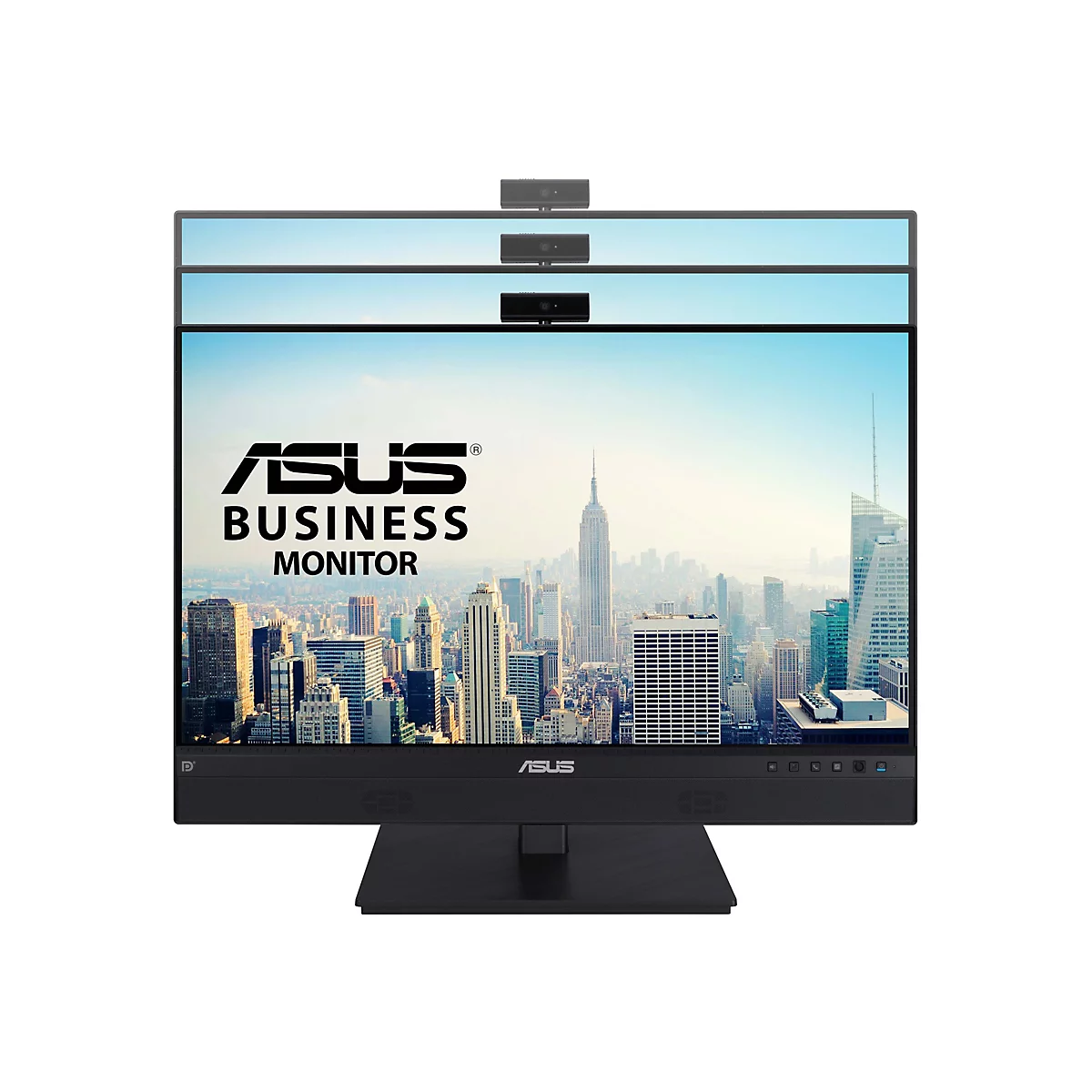 Asus Business Monitor mit Kamera oben, zeigt drei verschiedene Höheneinstellungen vor weißem Hintergrund.