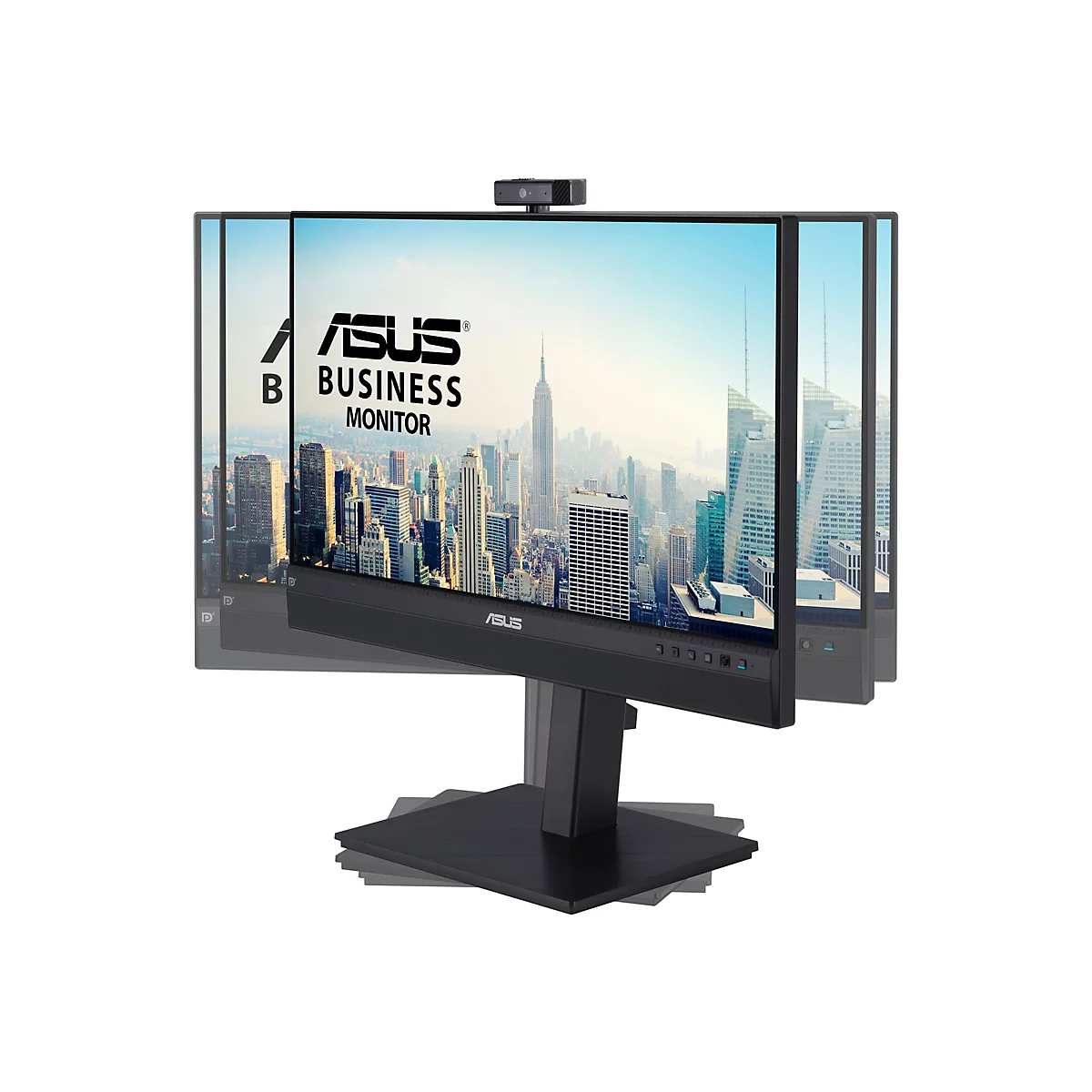 Schwenkbarer ASUS Business-Monitor mit Webcam auf weißem Hintergrund.