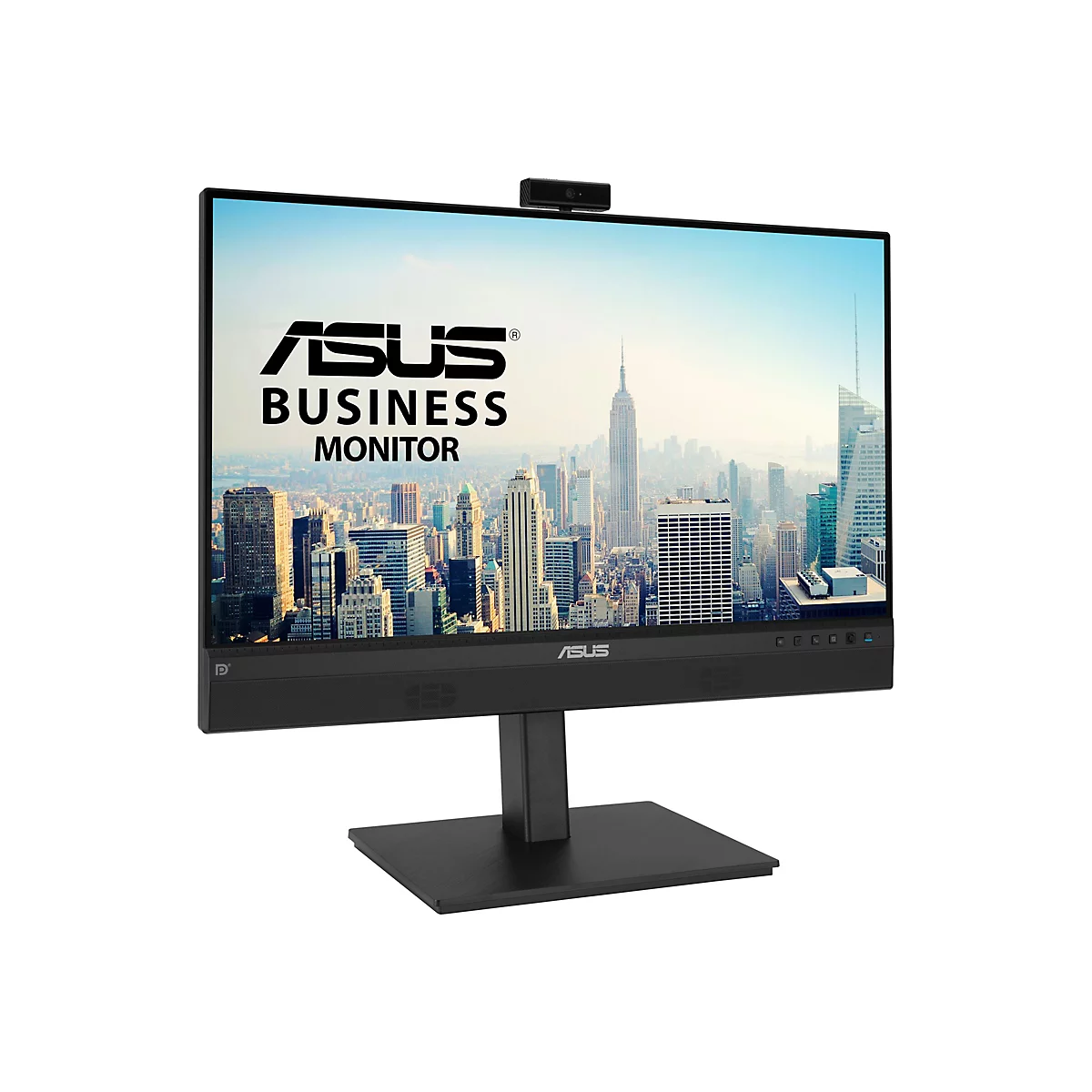 Schwarzer Asus Business-Monitor vor weißem Hintergrund mit Webcam auf dem oberen Rand und Stadtansicht auf dem Display.