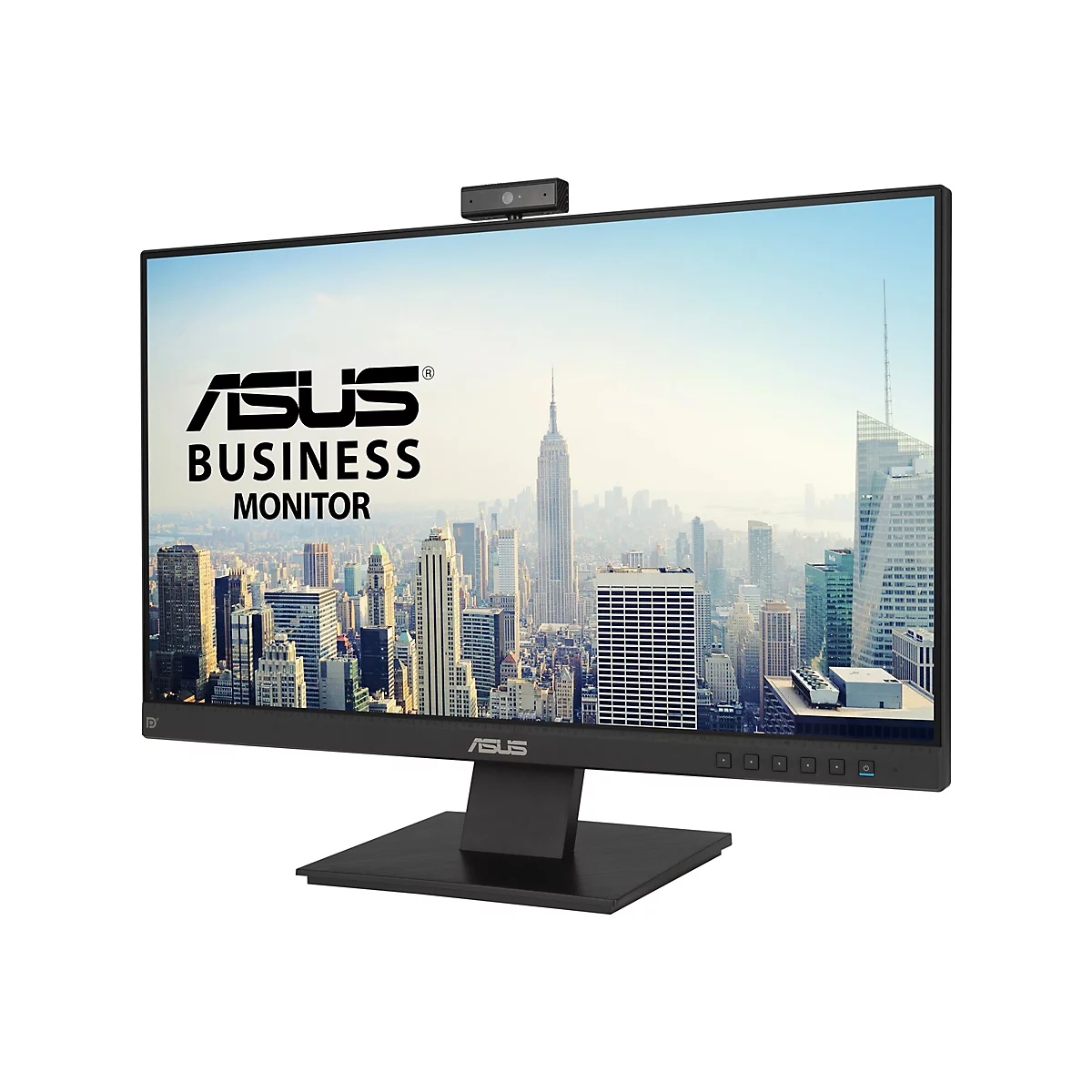 Ein schwarzer ASUS Business Monitor mit Webcam, der eine Großstadtansicht zeigt.