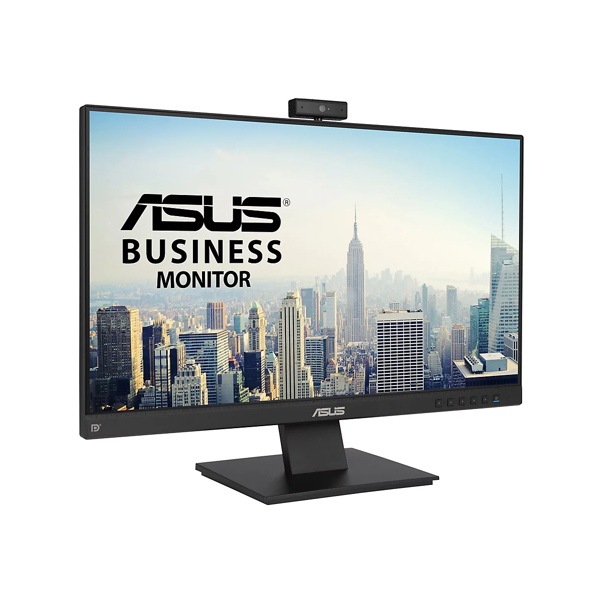 Schwarzer ASUS Business Monitor mit Webcam und Stadtlandschaft auf dem Bildschirm. Schwarzer Standfuß. Schriftzug ASUS.