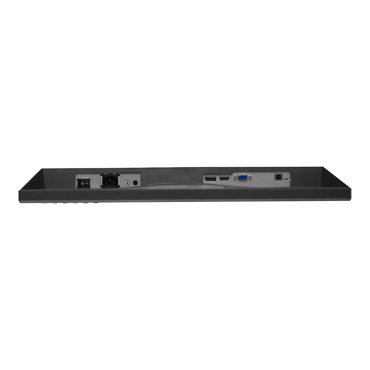 Rückseite eines schwarzen Monitors mit Anschlüssen für Strom, Audio, HDMI, DisplayPort, VGA und USB vor weißem Hintergrund.
