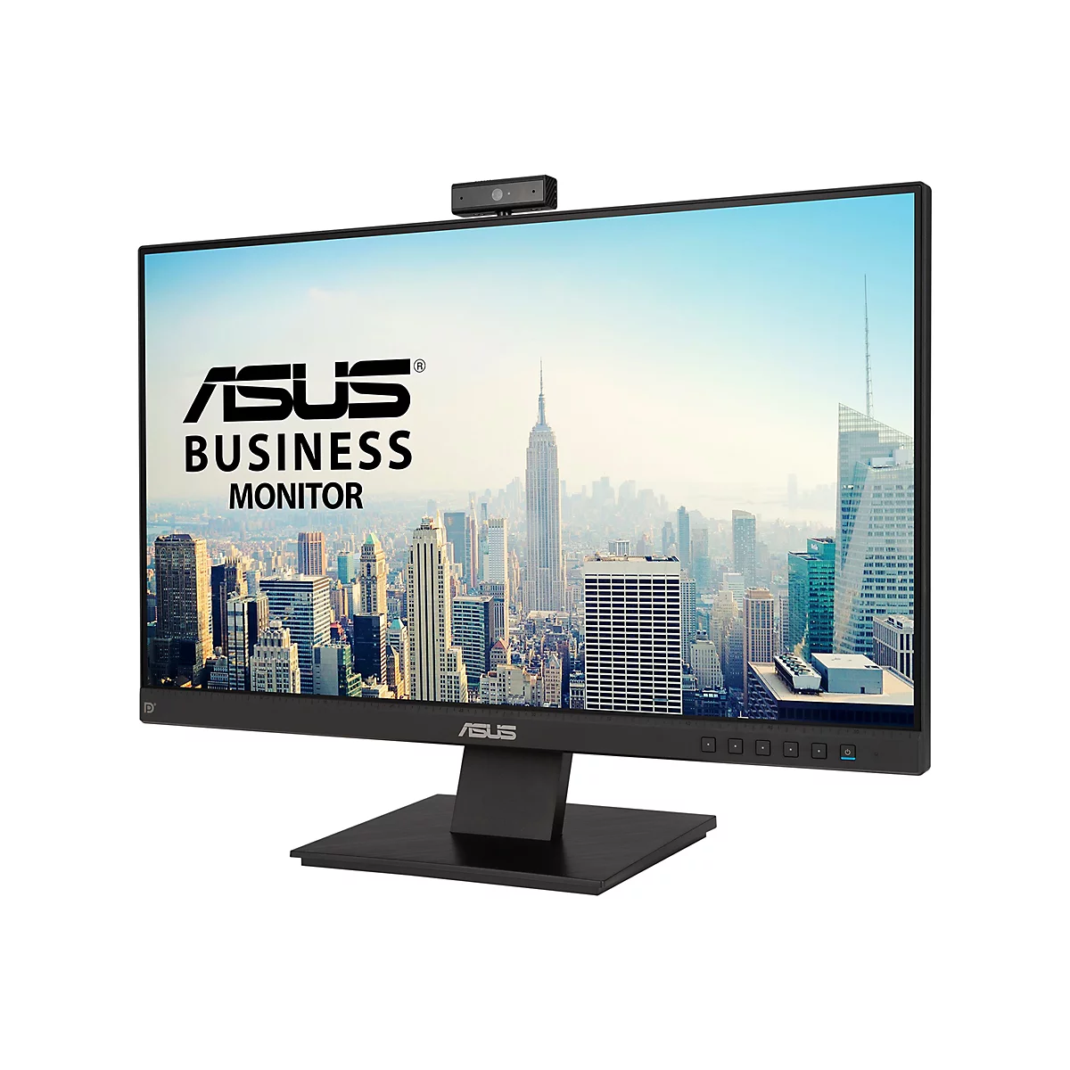 Schwarzer Asus Business Monitor mit Webcam auf dem Rand vor New Yorker Skyline.