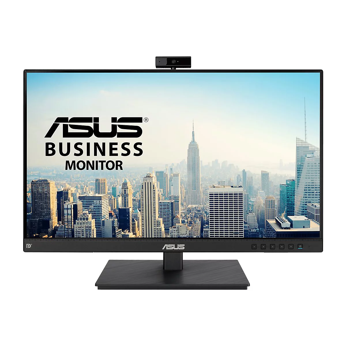 Asus Business Monitor mit Kamera oben, zeigt eine Skyline im Hintergrund.