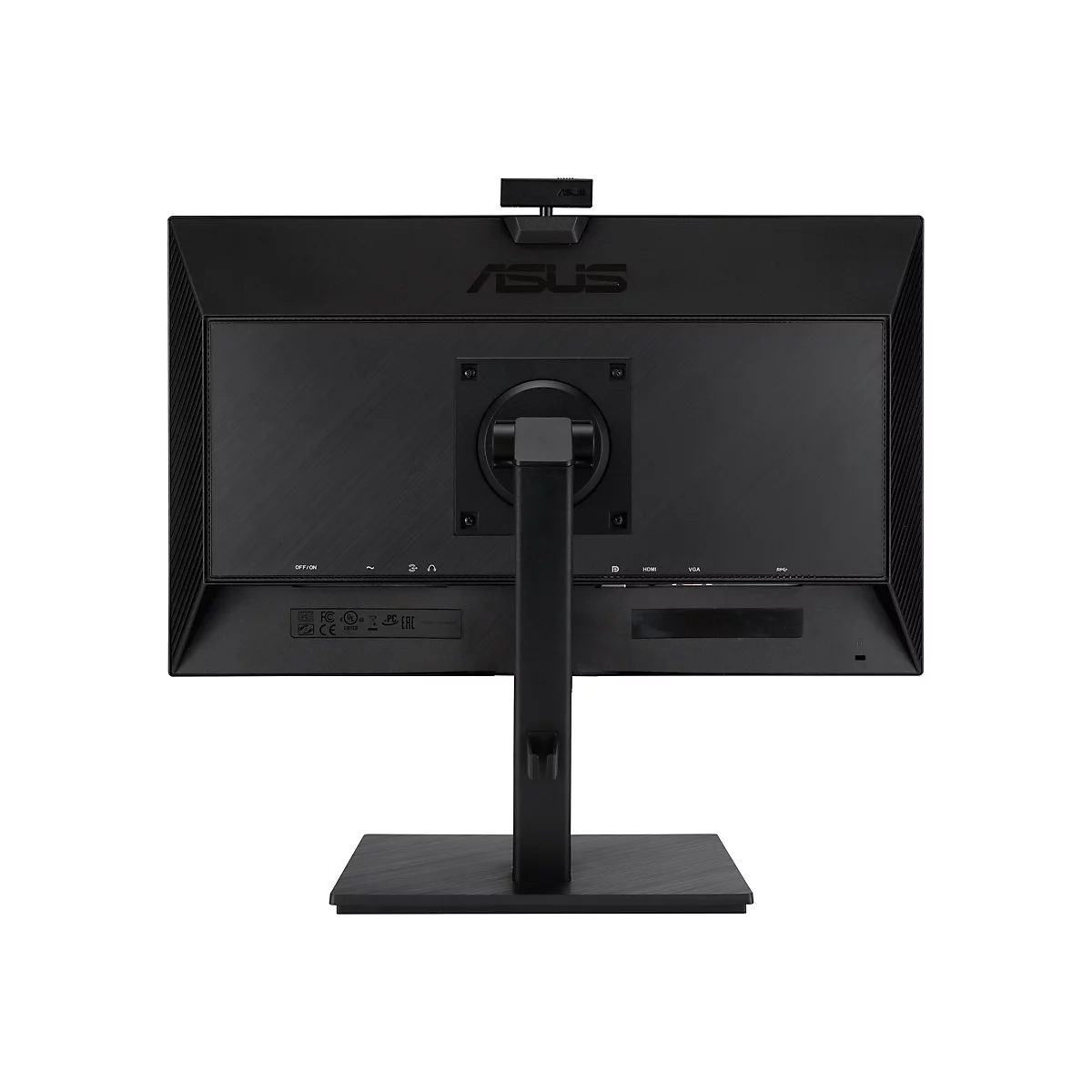Rückseite eines schwarzen ASUS-Monitors mit Standfuß, Webcam an der Oberseite und verschiedenen Anschlüssen.
