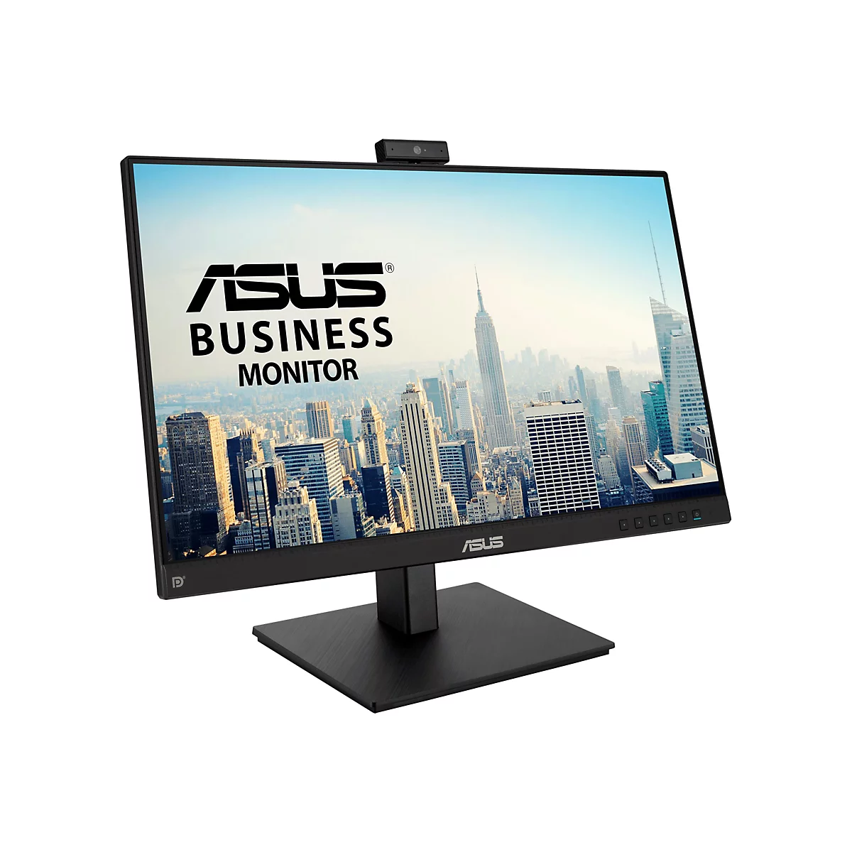 Schwarzer Asus Business-Monitor vor weißem Hintergrund mit Stadtansicht auf dem Display.