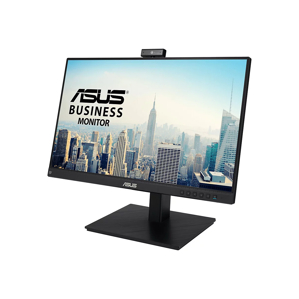 Asus Business Monitor mit Webcam auf weißem Hintergrund, Display zeigt Skyline von New York.