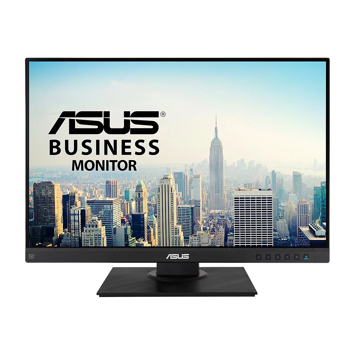 Schwarzer Asus Business Monitor vor weißem Hintergrund mit New York Skyline auf dem Display.