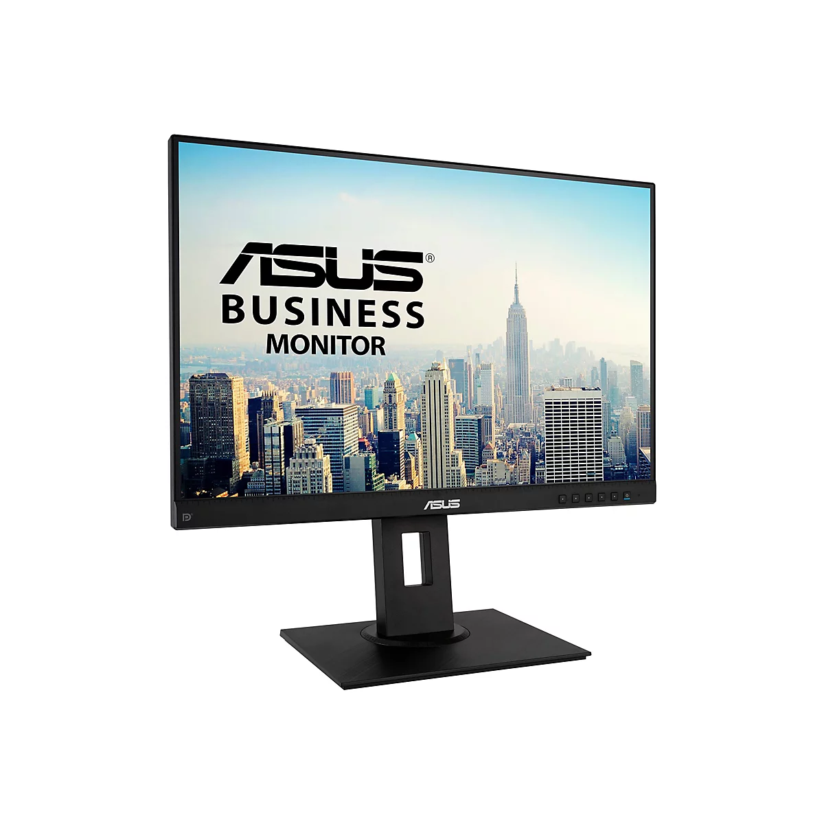 Schwarzer ASUS Business-Monitor mit dünnen Rändern auf quadratischem Standfuß vor Stadtkulisse.