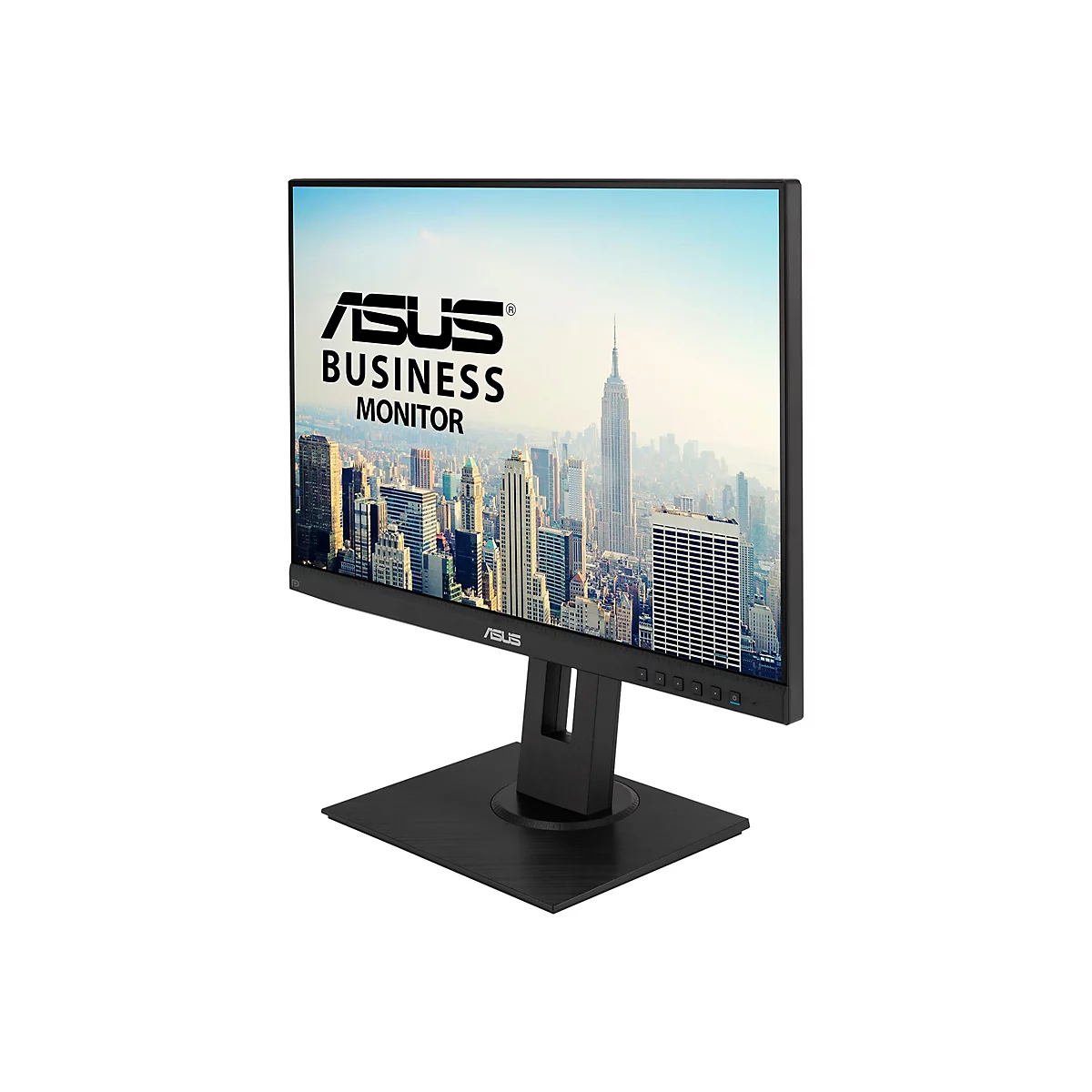 Schwarzer Asus Business Monitor in schräger Ansicht vor weißem Hintergrund mit Skyline-Hintergrundbild.