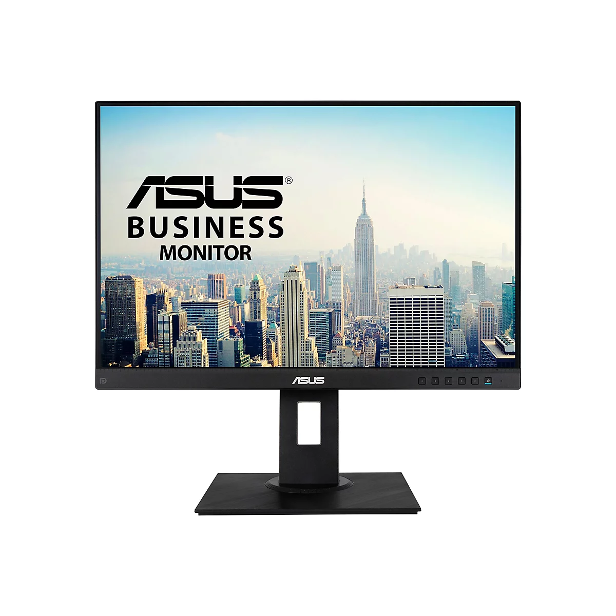 Schwarzer Asus Business-Monitor vor weißem Hintergrund mit New Yorker Skyline auf dem Display.