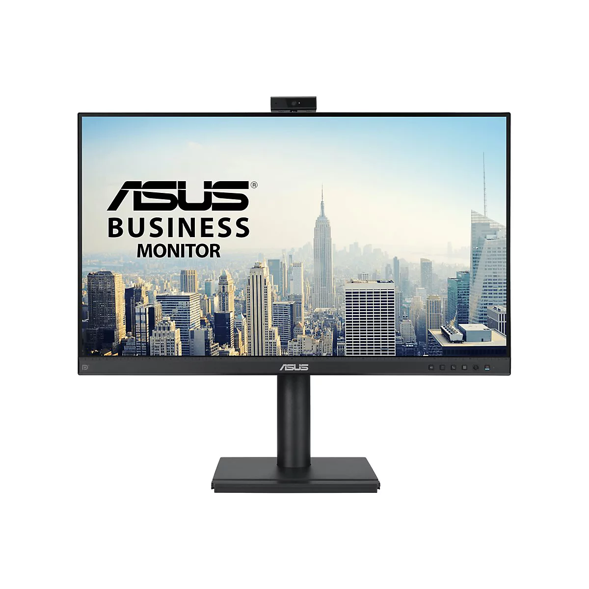 Ein schwarzer ASUS Business Monitor mit Webcam, auf dem ein Stadtpanorama abgebildet ist.