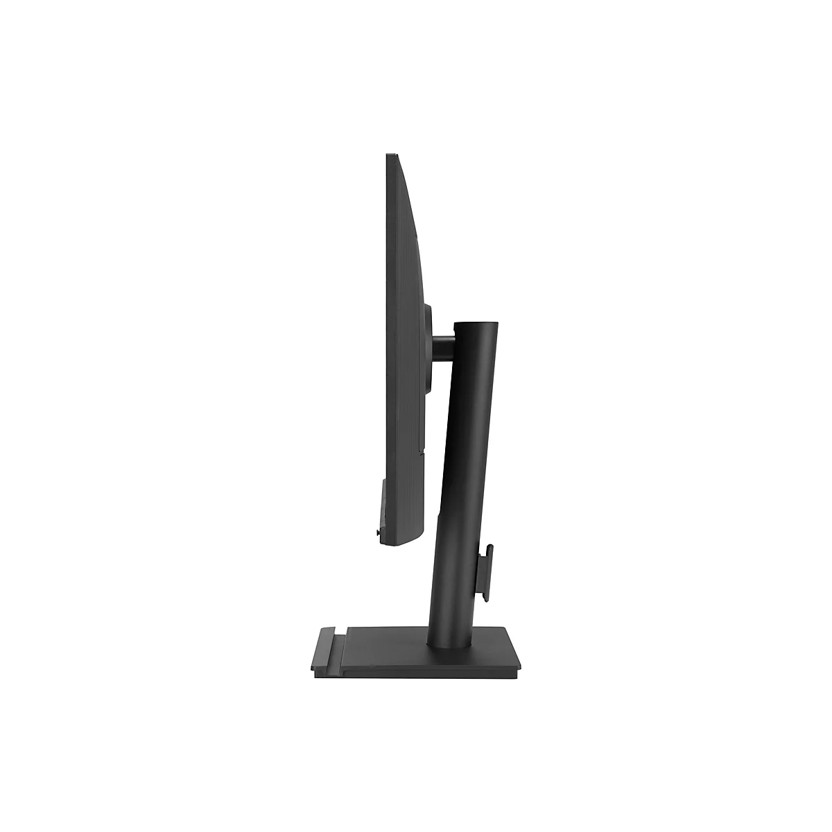 Seitenansicht eines schwarzen Computermonitors mit schlankem Standfuß vor weißem Hintergrund.