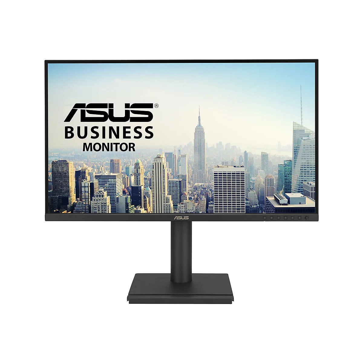 Schwarzer Asus Business Monitor mit dünnem Rahmen vor weißem Hintergrund, auf dem Bildschirm ist eine Stadtansicht.