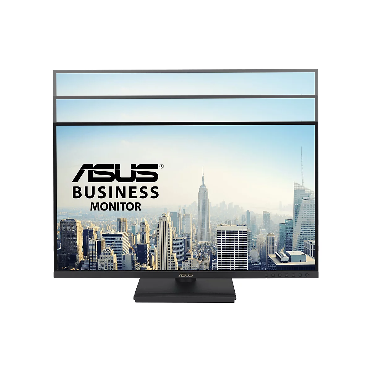 Schwarzer Asus Business Monitor mit New York Skyline auf dem Display, zeigt die Höhenverstellbarkeit.