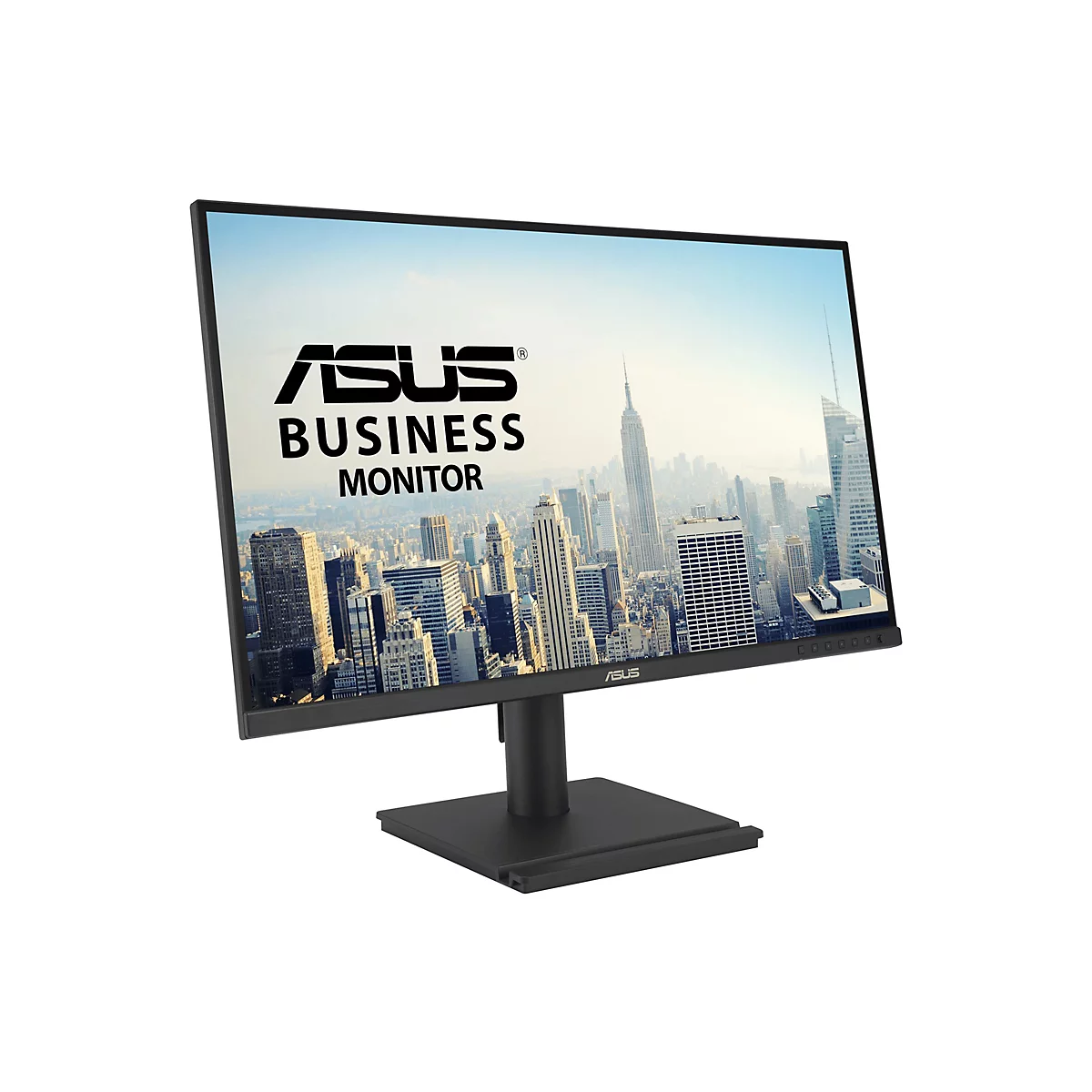Schwarzer Asus Business-Monitor vor weißem Hintergrund mit Stadtansicht von New York auf dem Bildschirm.