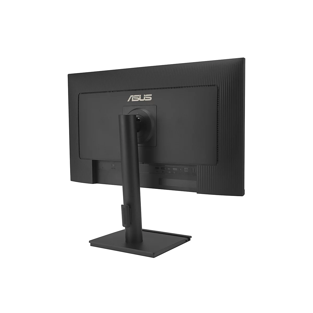 Rückansicht eines schwarzen ASUS Monitors mit Standfuß vor weißem Hintergrund.