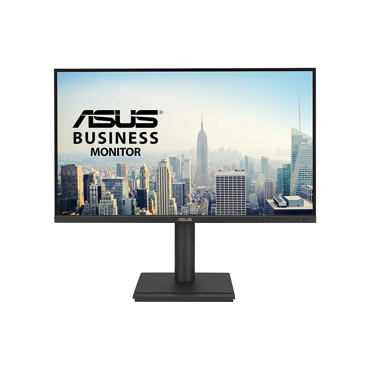 Schwarzer Asus Business Monitor vor weißem Hintergrund mit New Yorker Skyline als Displayhintergrund.