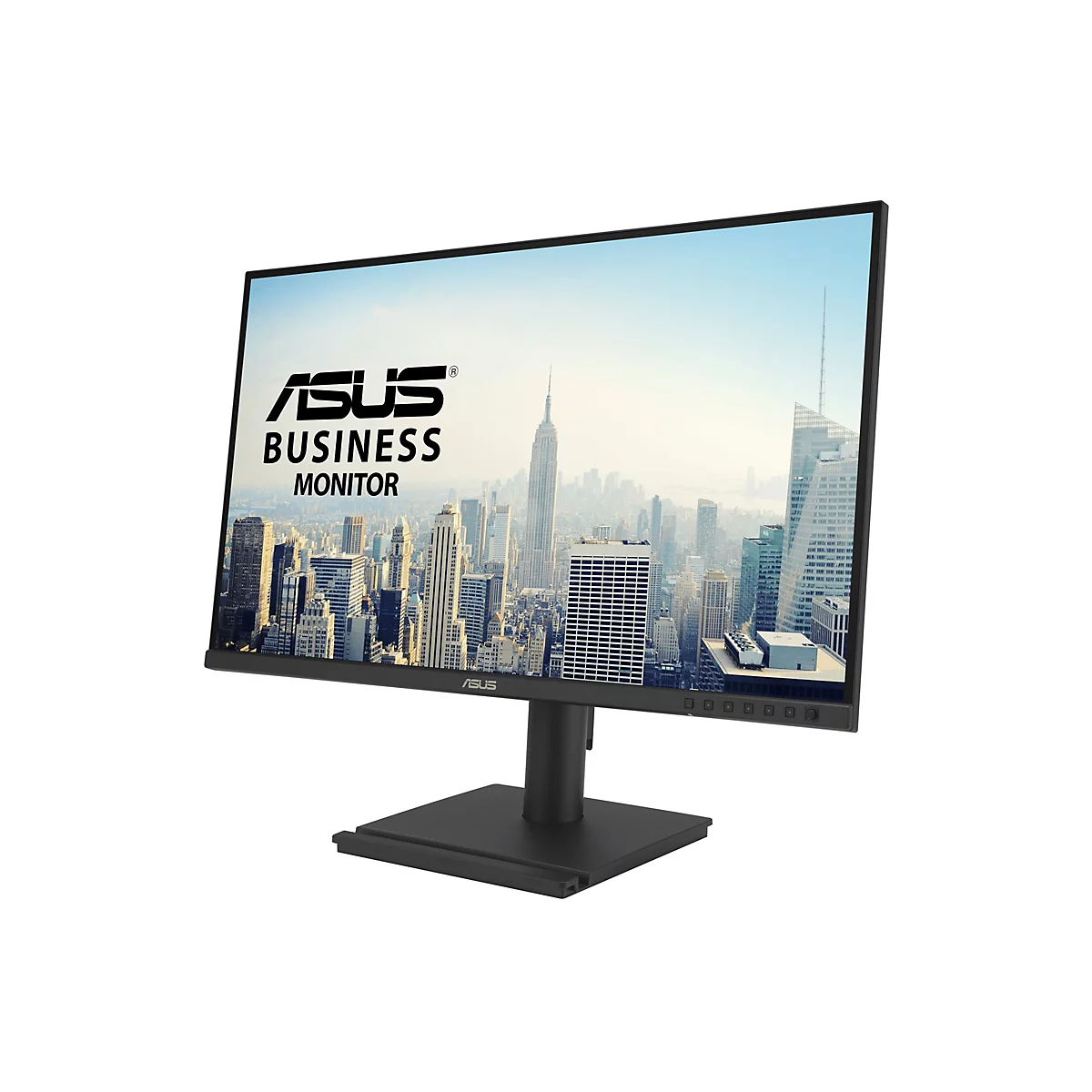 Schwarzer Asus Business Monitor mit Stadtbildschirm und schmalem Rand auf einem Standfuß vor weißem Hintergrund.