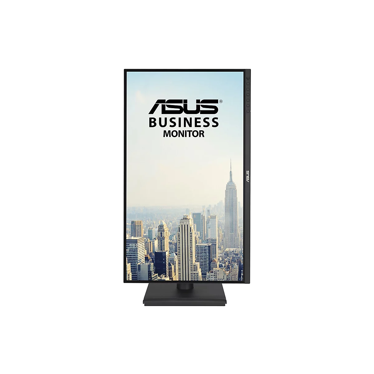 Hochkant aufgestellter, schwarzer ASUS Business Monitor mit New Yorker Skyline auf dem Display.