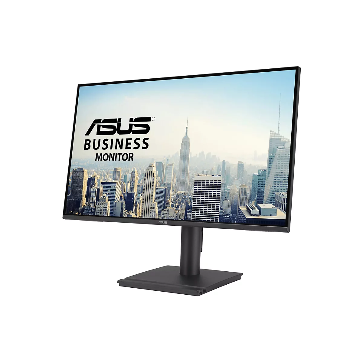 Schwarzer Asus Business-Monitor vor weißem Hintergrund mit Stadtansicht auf dem Display.