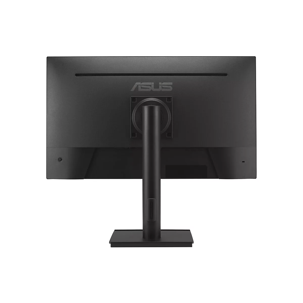 Rückseite eines schwarzen Asus Monitors auf einem Standfuß vor weißem Hintergrund.