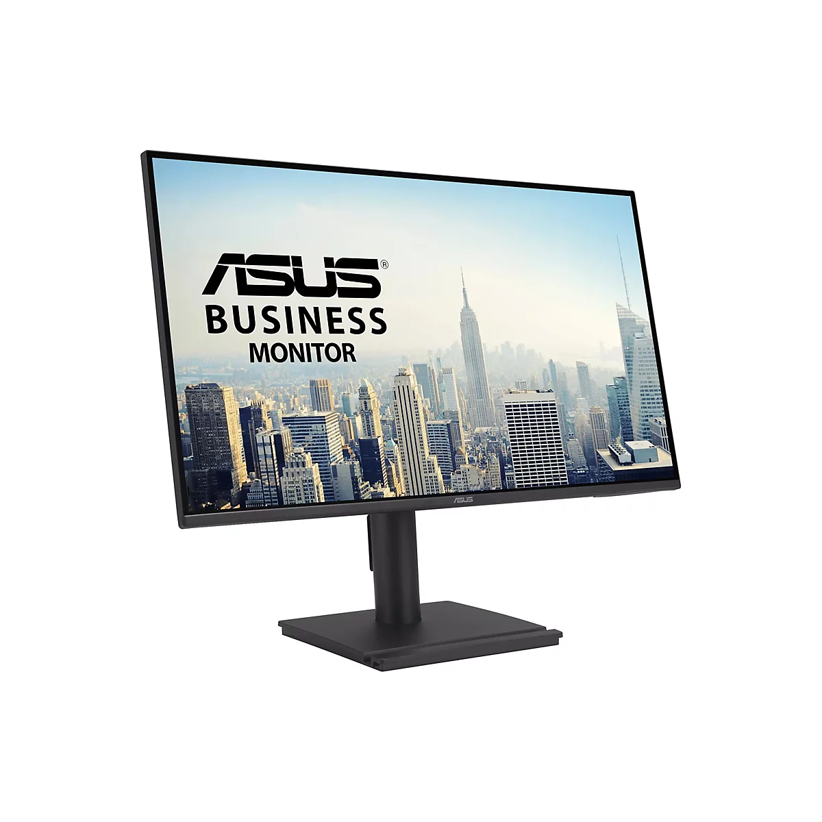 Schwarzer Asus Business Monitor mit dünnem Rahmen vor einer New Yorker Skyline.