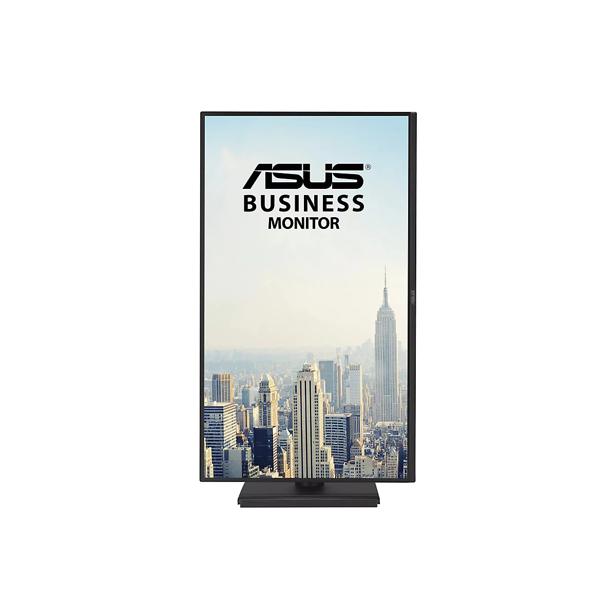 Hochkant aufgestellter ASUS Business Monitor mit New York Skyline Anzeige vor weißem Hintergrund.