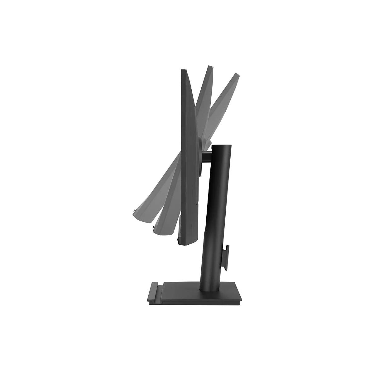 Seitliche Ansicht eines schwarzen Monitors auf einem Standfuß mit einstellbarem Neigungswinkel.