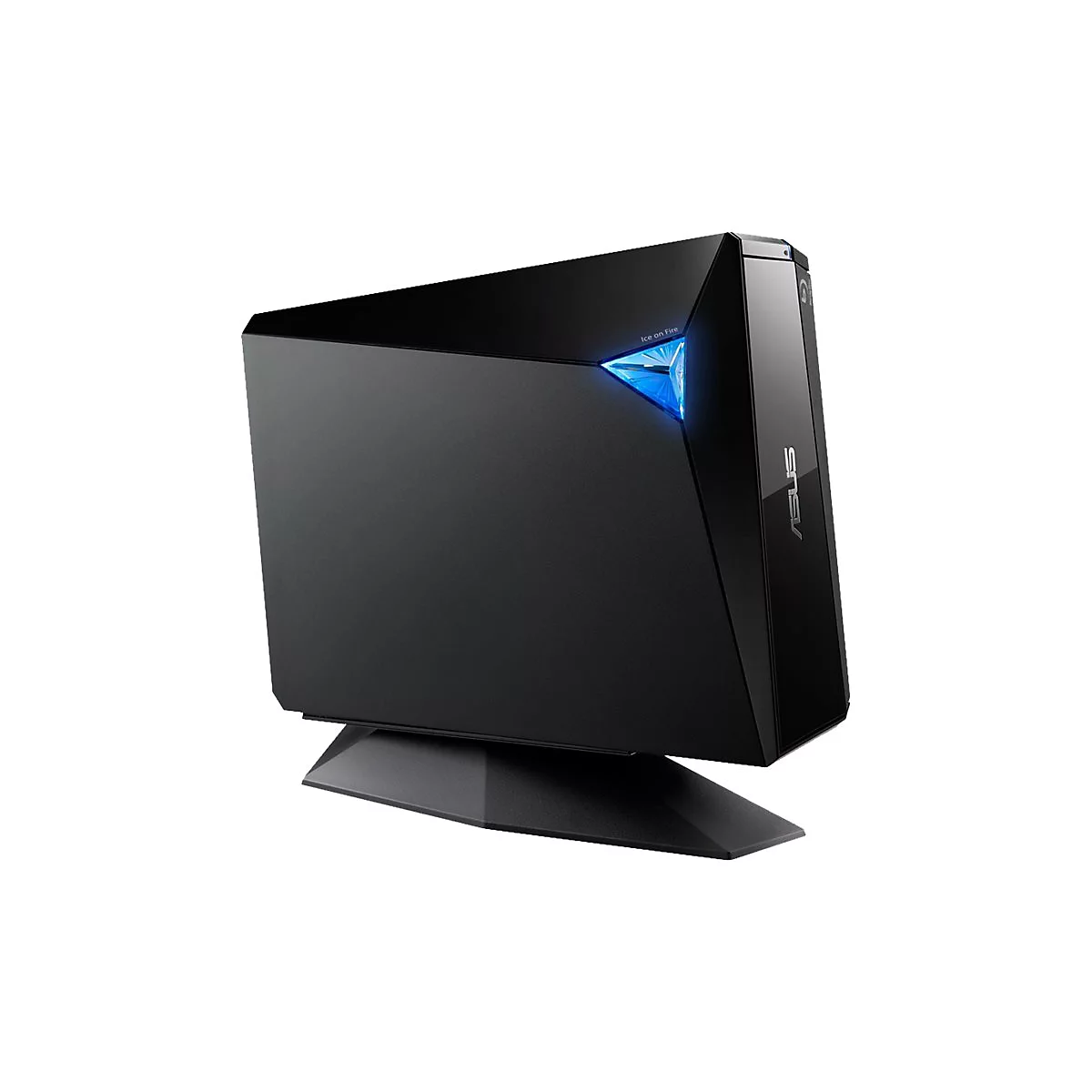 Schwarzer PC mit blaue LED-Beleuchtung und "Ice on Fire" Schriftzug. ASUS Logo seitlich.