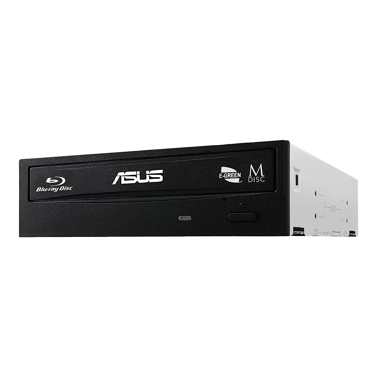 Schwarzes ASUS Blu-ray-Laufwerk mit weißem Gehäuse. Aufschrift: Blu-ray Disc, ASUS, E-Green, M-Disc.