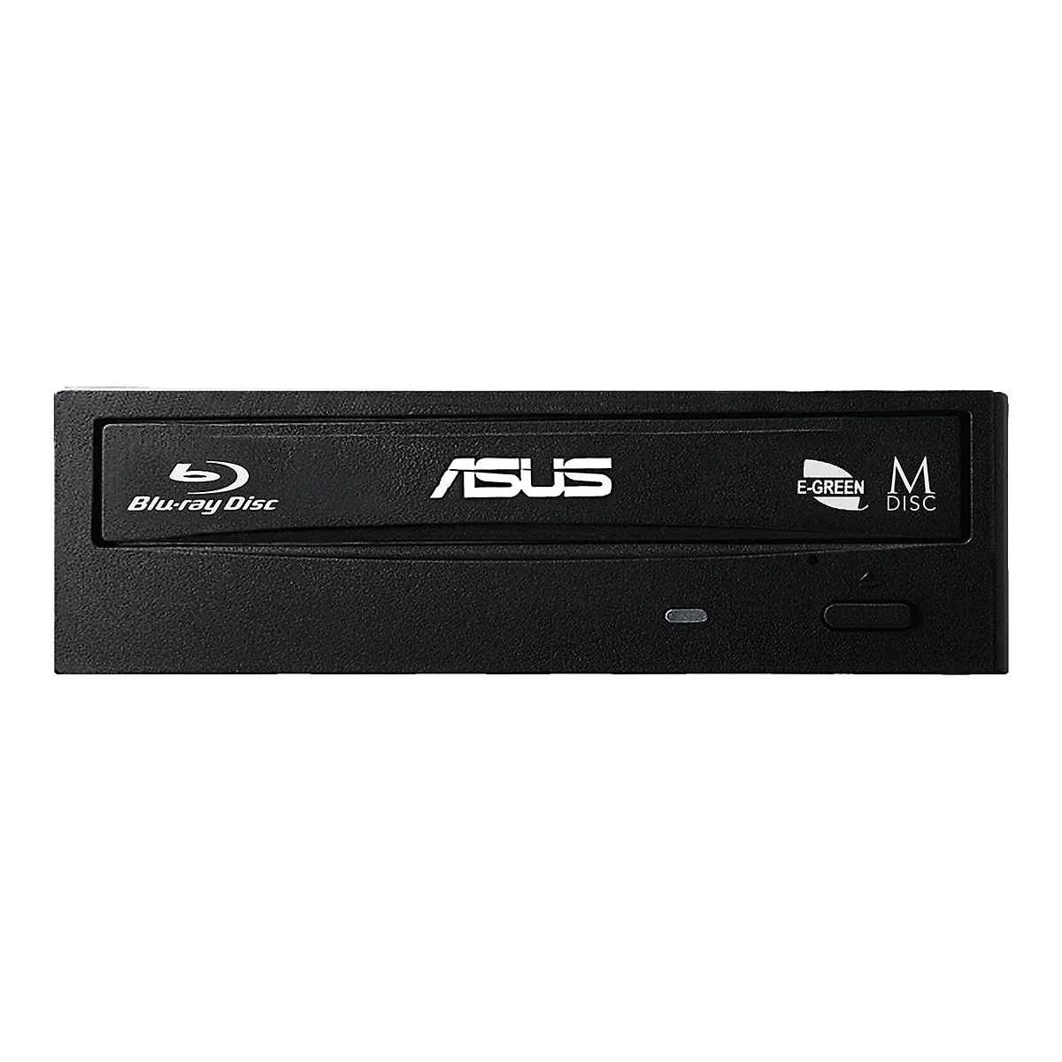 Ein schwarzes ASUS Blu-ray-Laufwerk. Darauf befinden sich Logos wie "Blu-ray Disc", "ASUS", "E-GREEN" und "M DISC".