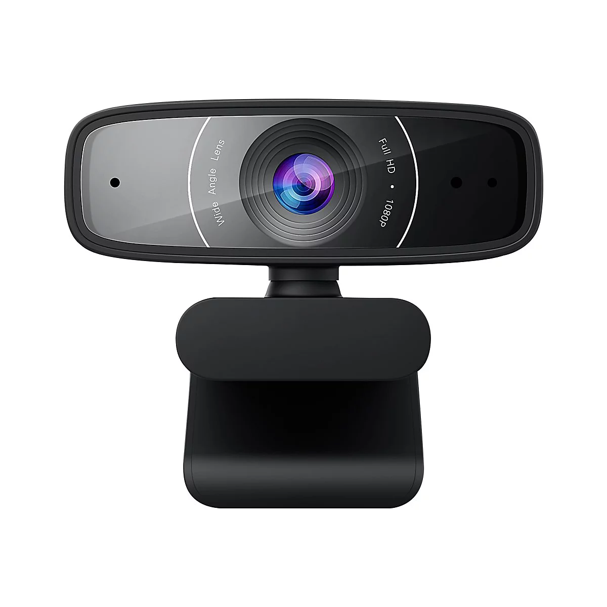 Eine schwarze Webcam, die auf einem weiÃŸen Hintergrund steht. Das Objektiv hat einen violetten Kern. Auf der Linse steht Wide Angle Lens und Full HD 1080p.