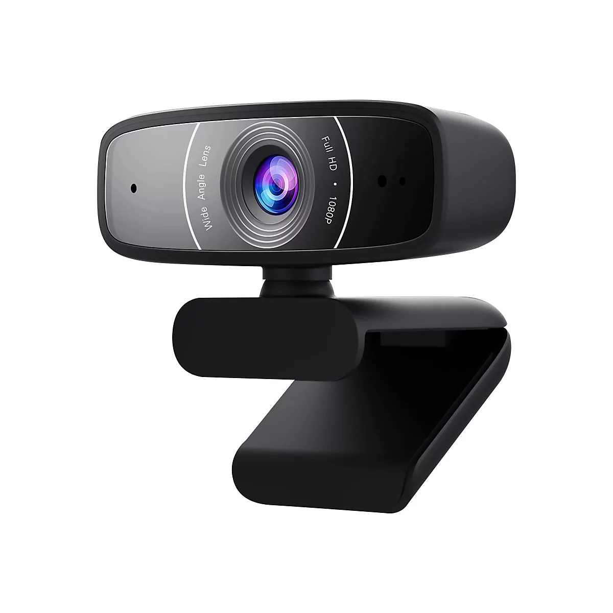 Schwarze Webcam mit 'Wide Angle Lens' und 'Full HD 1080p' Beschriftung.