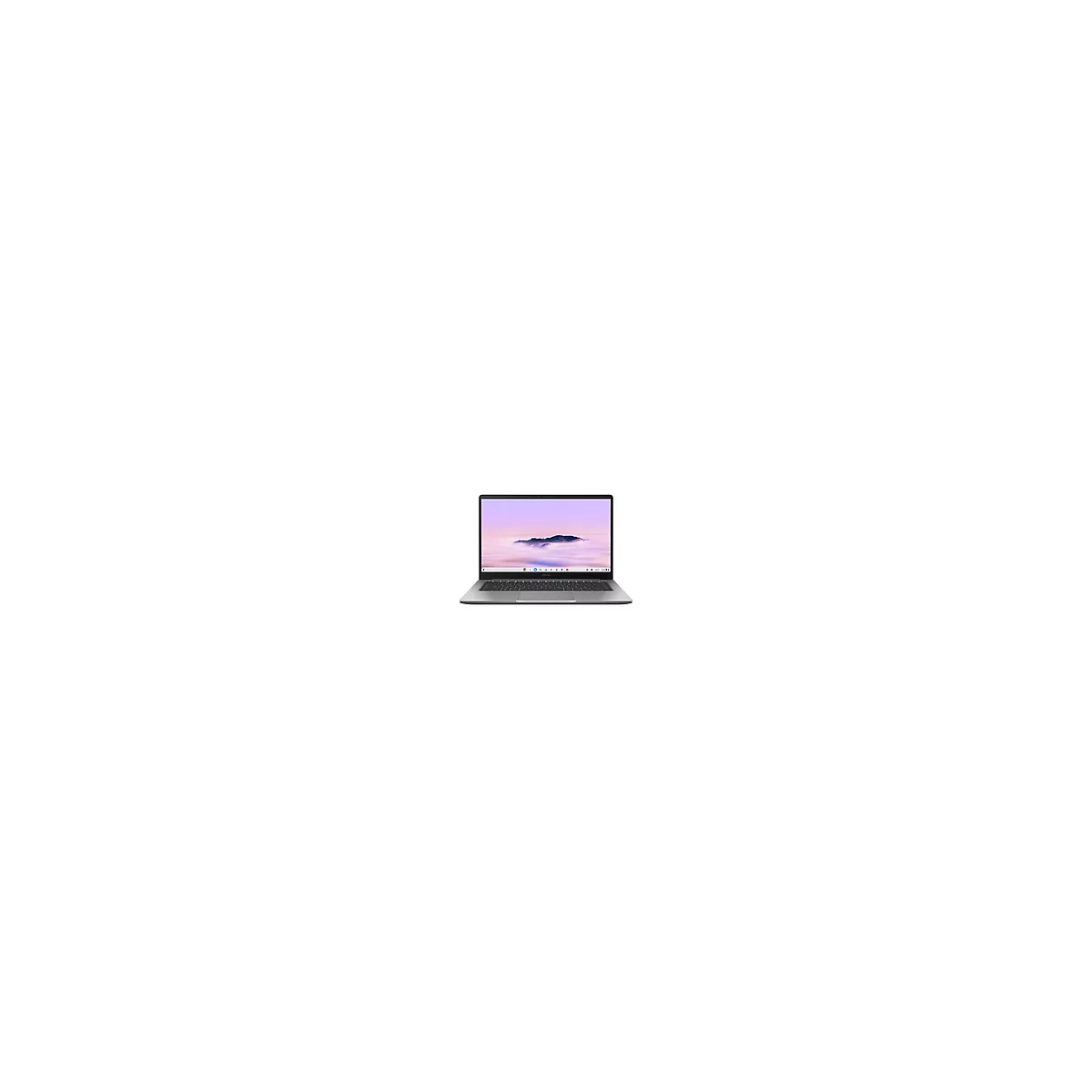 Grauer Laptop mit offenem Display. Auf dem Bildschirm ist ein Bergpanorama vor rosa-violettem Himmel zu sehen.