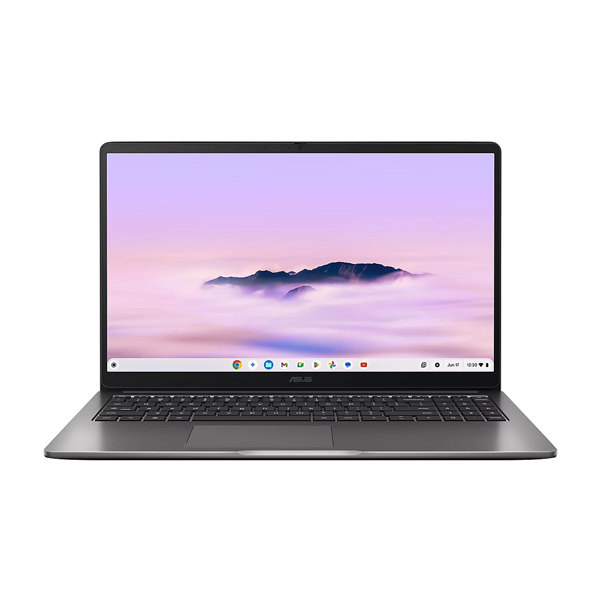Dunkelgrauer Asus Laptop mit aufgeklapptem Bildschirm, der eine Berglandschaft über den Wolken zeigt.