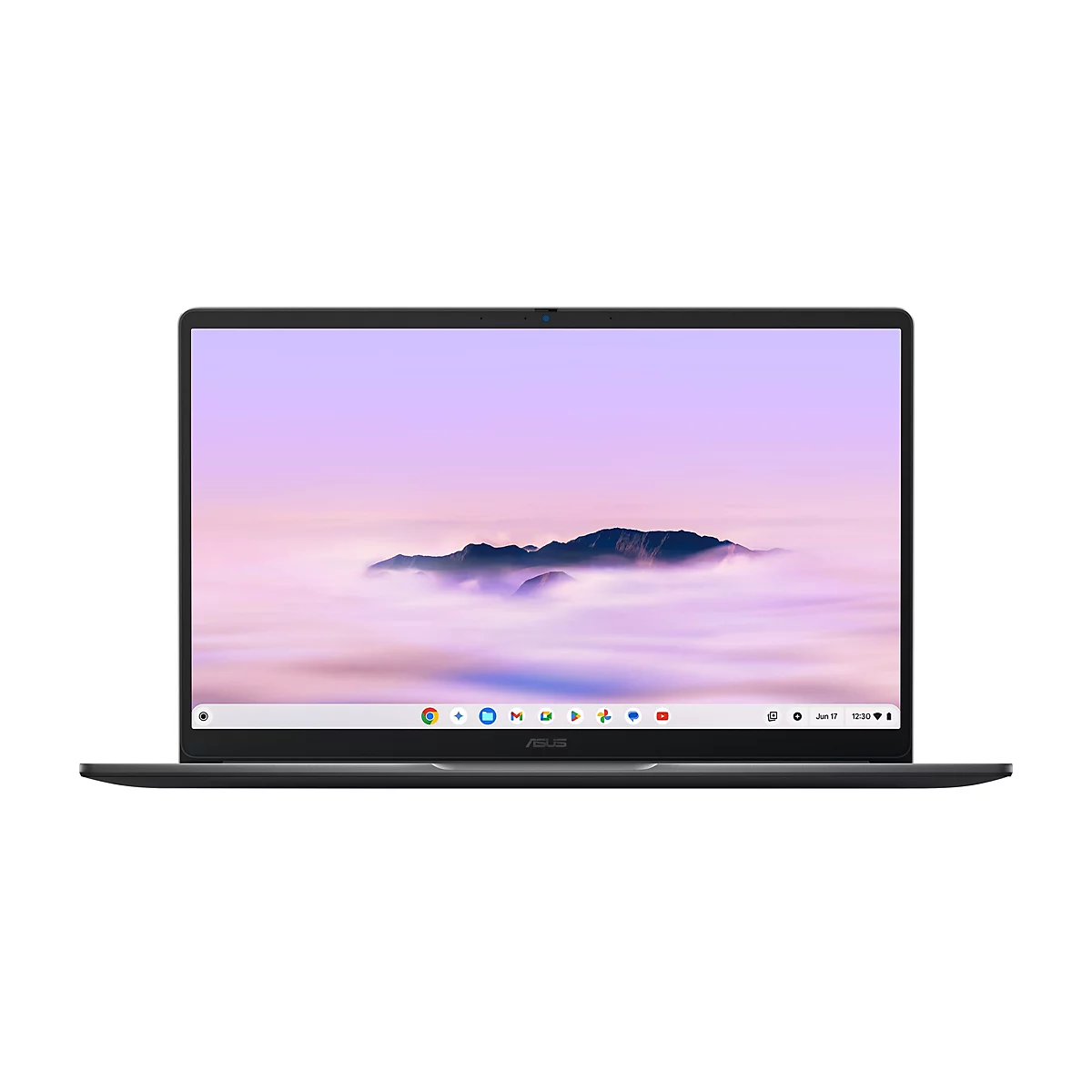 Frontansicht eines ASUS Chromebooks mit Hintergrundbild von Bergen über Wolken und ChromeOS-Taskleiste.