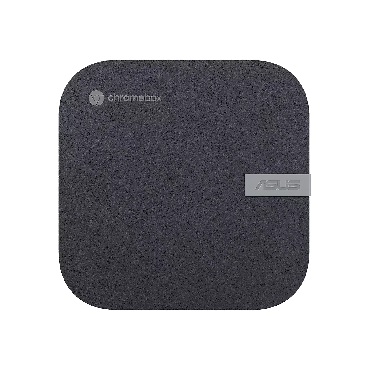 Chromebox gris foncé avec coins arrondis. La surface indique "chromebox" et "ASUS".