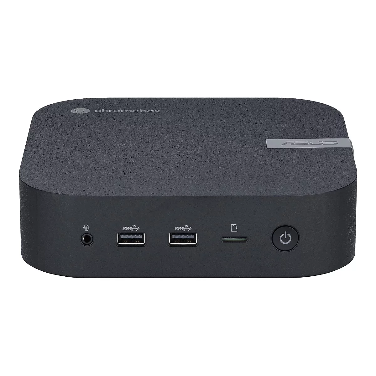 Ordinateur Chromebox noir avec lettrage 'ASUS' et 'chromebox'. En façade : ports et bouton d'alimentation.