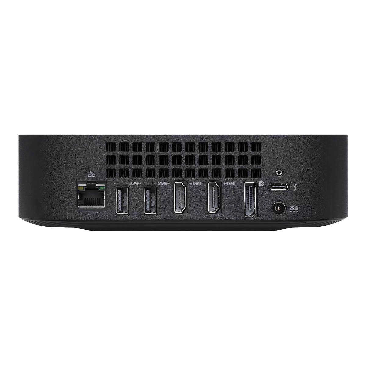 Arrière d'un mini-ordinateur noir avec des ports, dont Ethernet, USB, HDMI et alimentation.