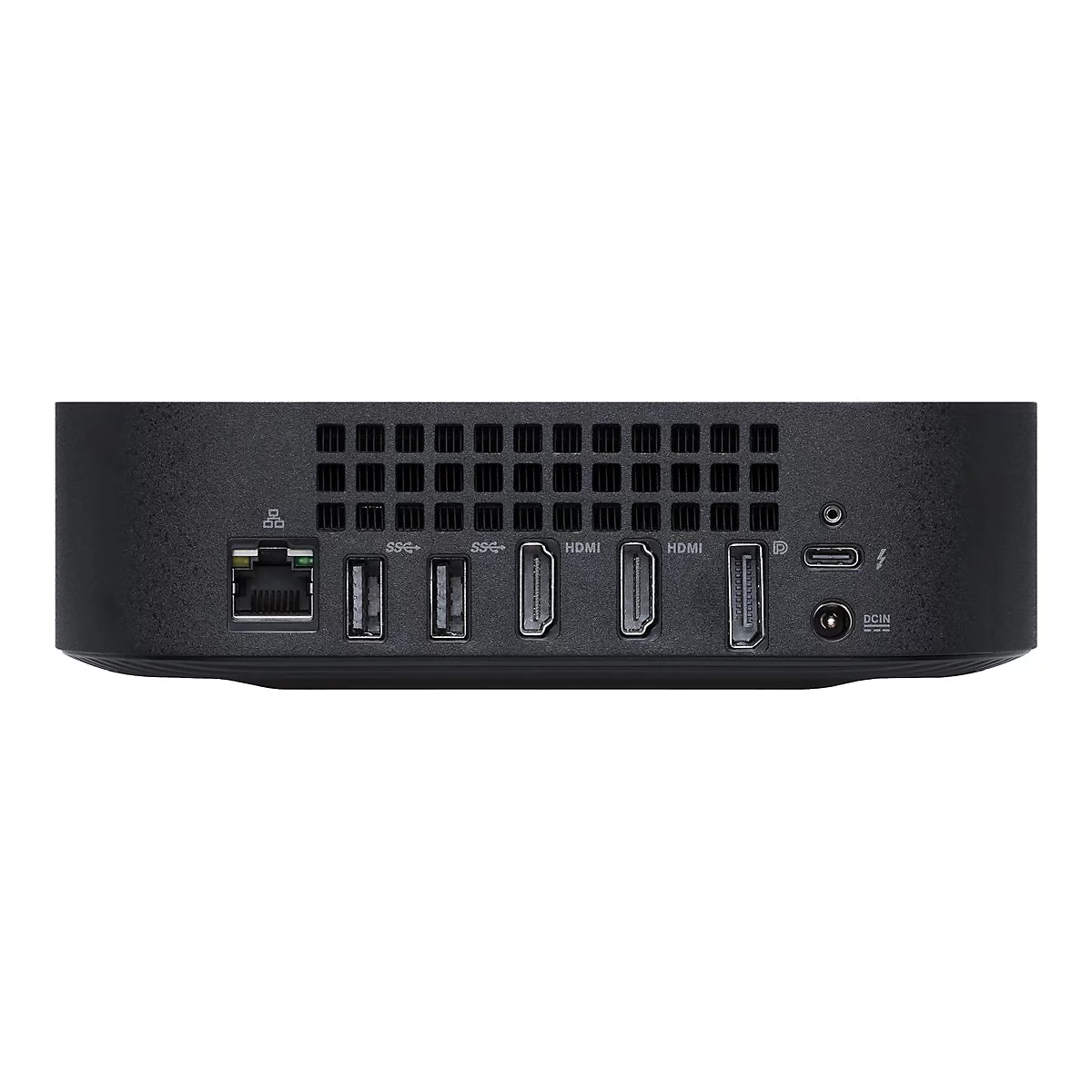 Schwarzes Gerät mit Anschlüssen wie Ethernet, USB, HDMI und Stromanschluss. Gezeigt ist die Rückseite.