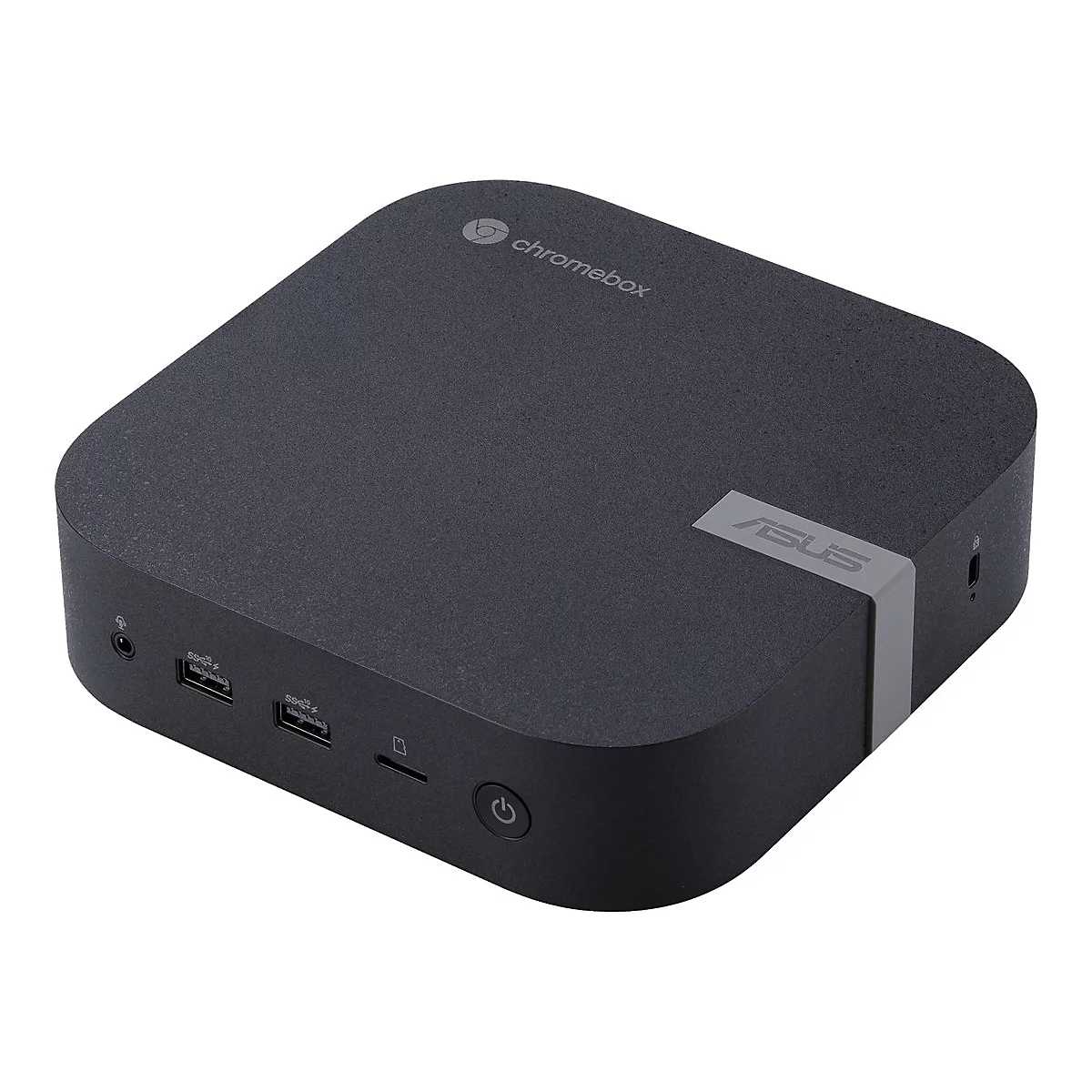 Schwarzer Asus Chromebox-Computer, eckige Form. Oben Logo, Seite mit USB-Ports, Netzschalter.