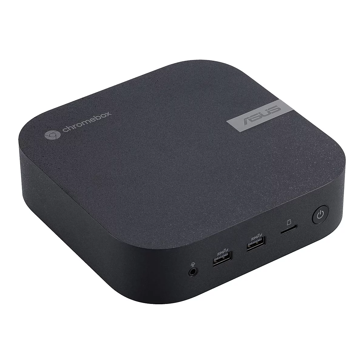 Schwarze, quadratische Asus Chromebox. Oben: Logo. Rechte Seite: Power-Taste, USB-Anschlüsse. Vorderseite: Kopfhöreranschluss.